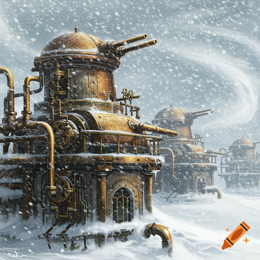 Steampunk turrets and structures covered in snow during a blizzard.
