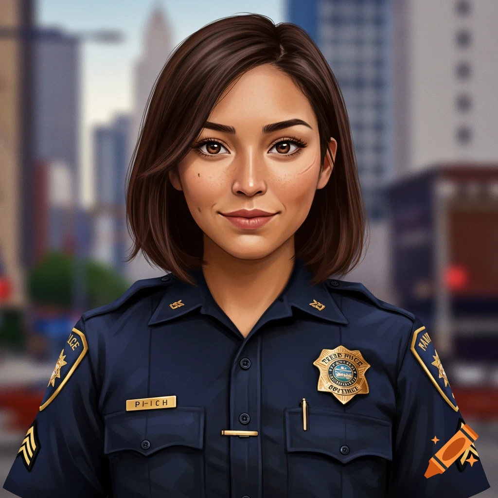 Portrait of a female police officer with brown hair.