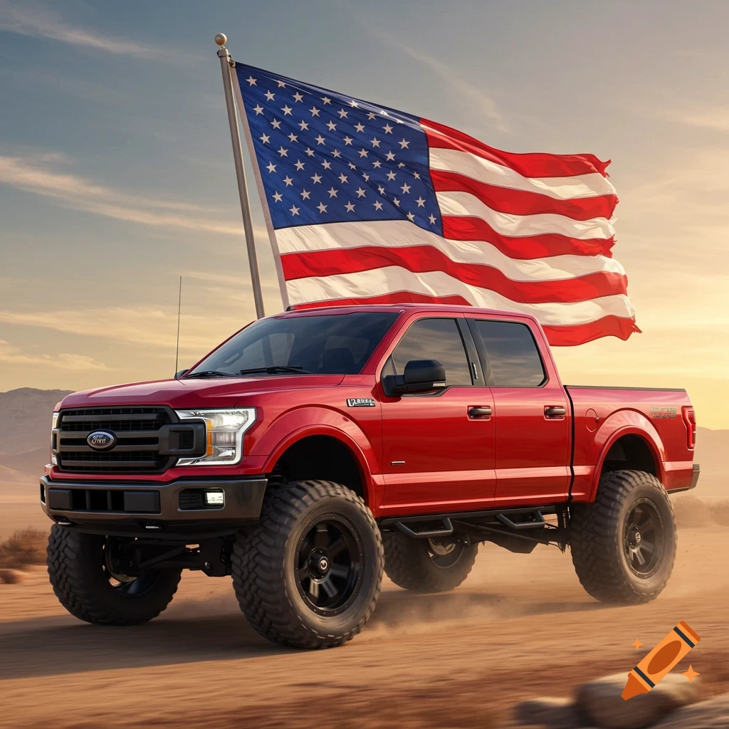 Red Ford F-150 truck in a desert with a large American flag in the background.