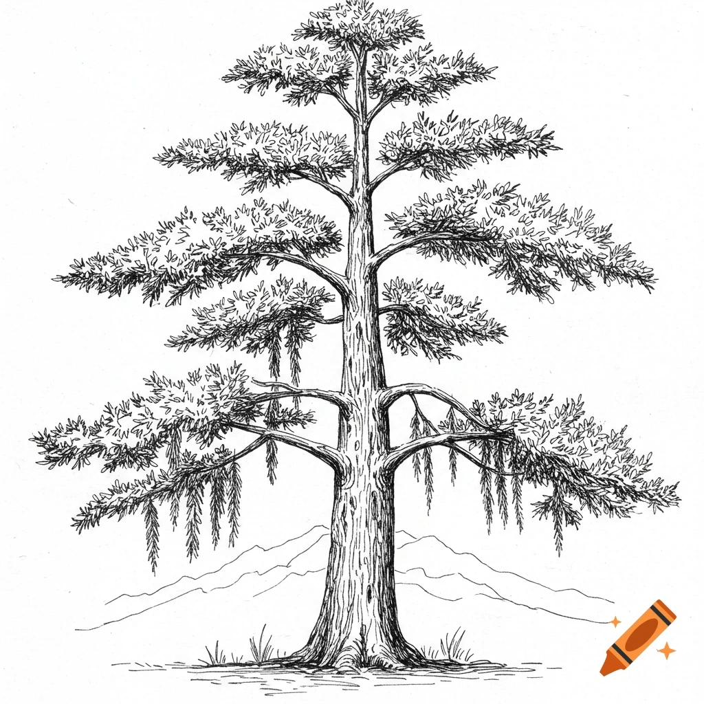 Line drawing of a tall tree with mountains in the background