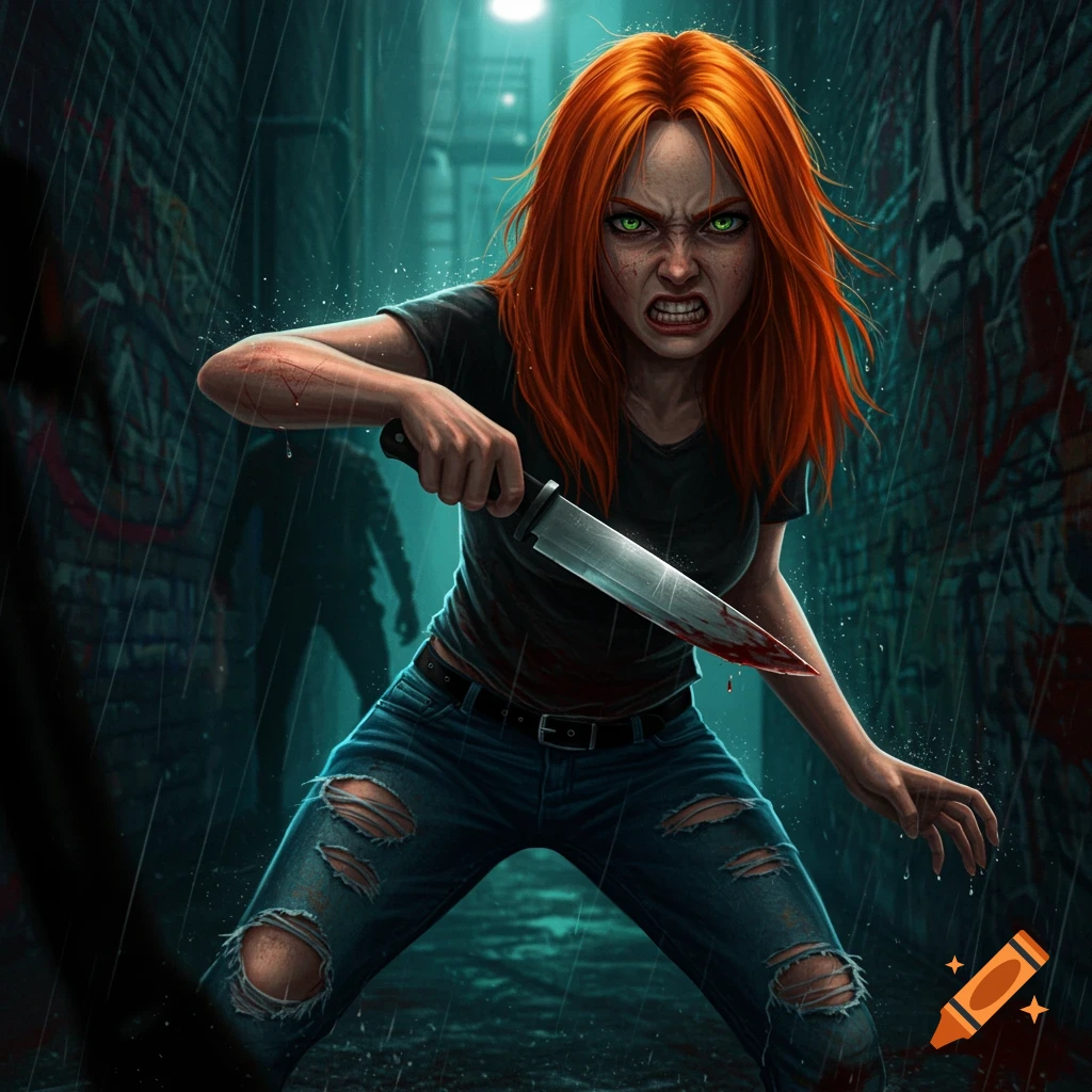 A redhead woman in ripped jeans holding a bloody knife in a rainy alley, defending herself against a shadowy figure.