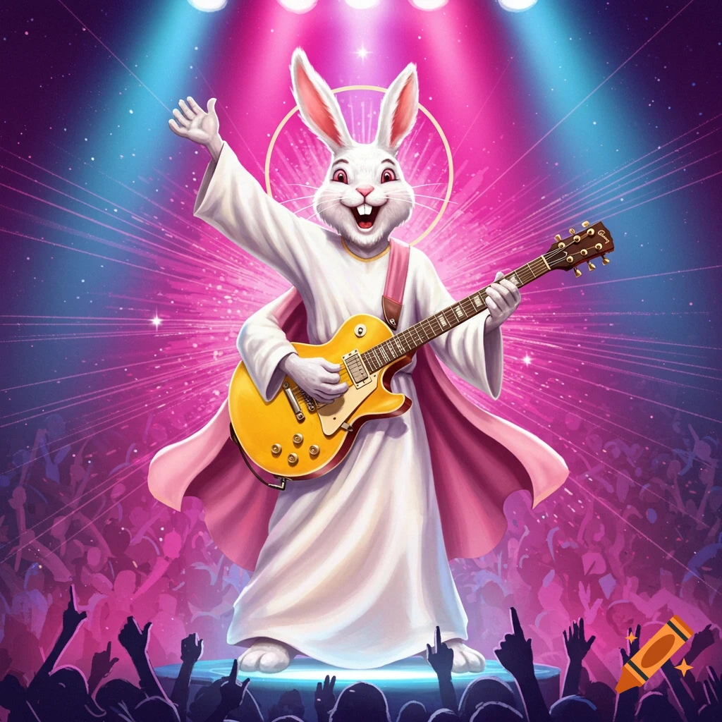 A bunny rabbit dressed like Jesus playing a yellow electric guitar on stage for a crowd.