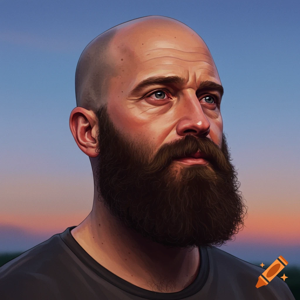 A bald man with a beard looks up against a sky background.