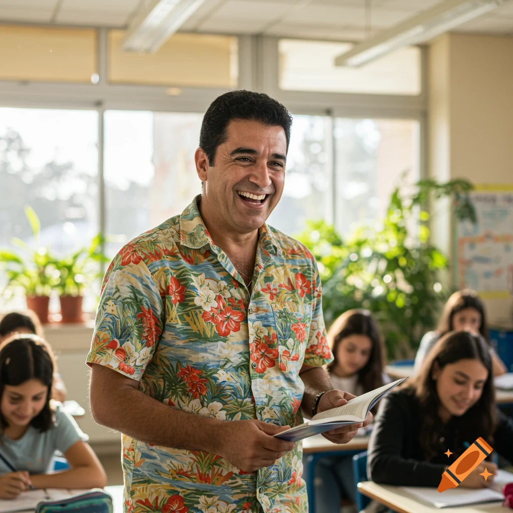 A smiling male teacher wearing a Hawaiian shirt stands in a classroom, holding a book. Students are visible at desks in the background.