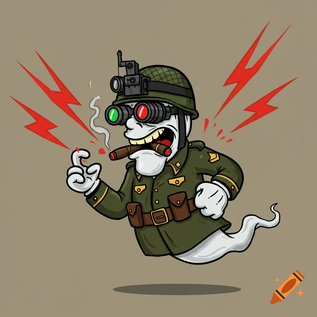 Cartoon ghost soldier in rubber hose style smoking a cigar and emitting red lightning from his hand.