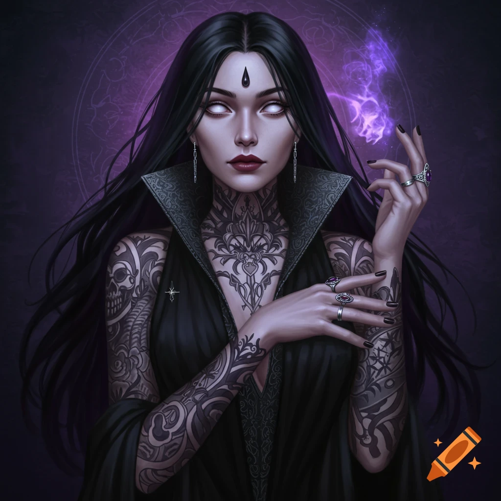 Dark-haired woman with white eyes and intricate tattoos, holding purple magic.