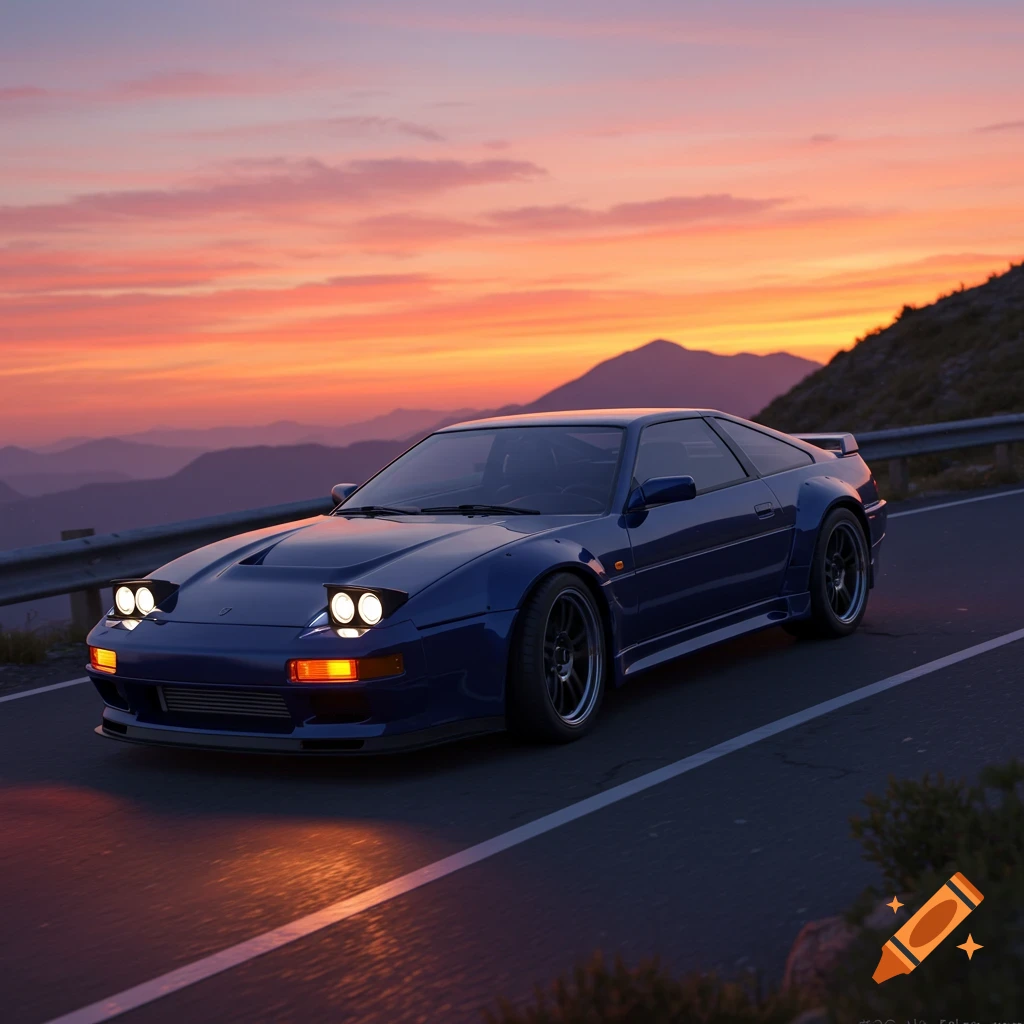 A blue sports car drives on a mountain road at sunset.