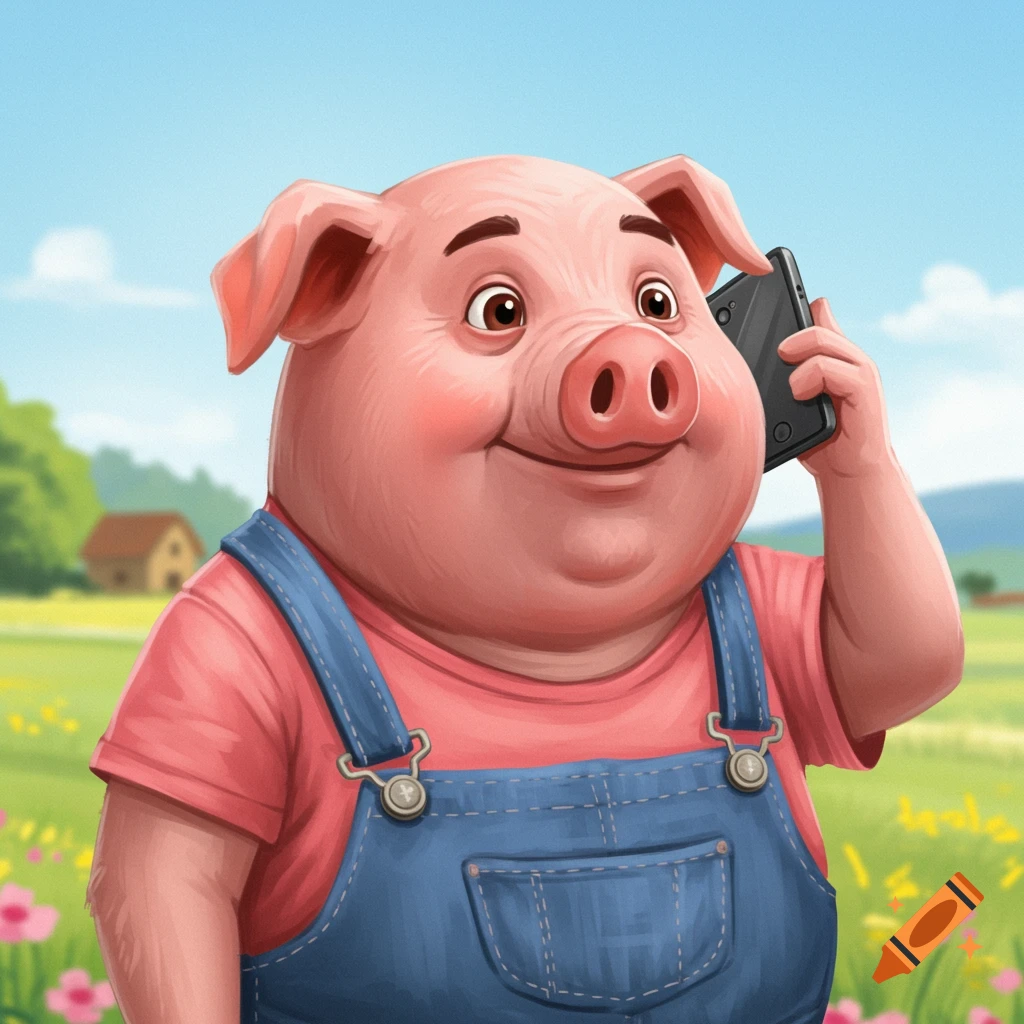Cartoon pig in overalls talking on a cell phone in a sunny field
