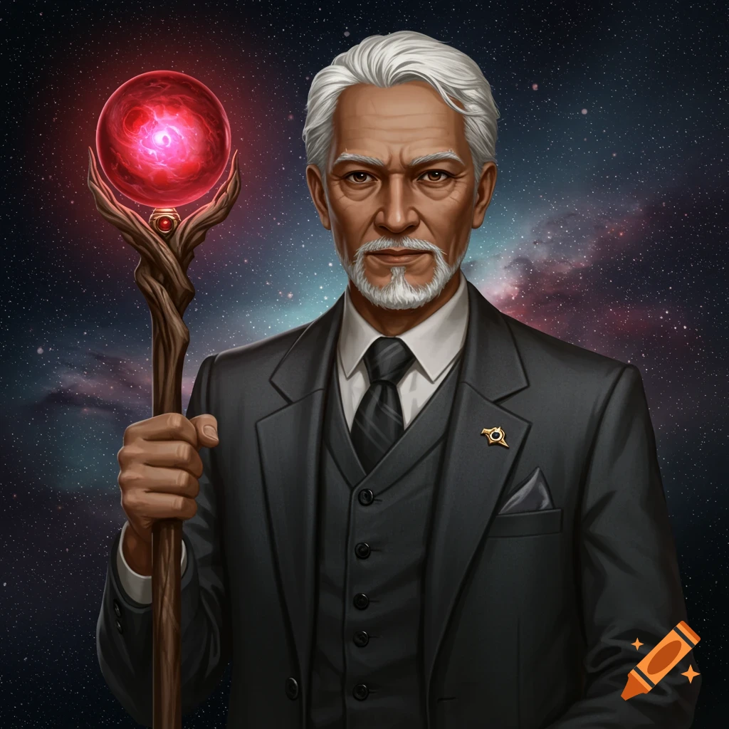 An old man in a suit holding a staff with a glowing red orb against a starry background.
