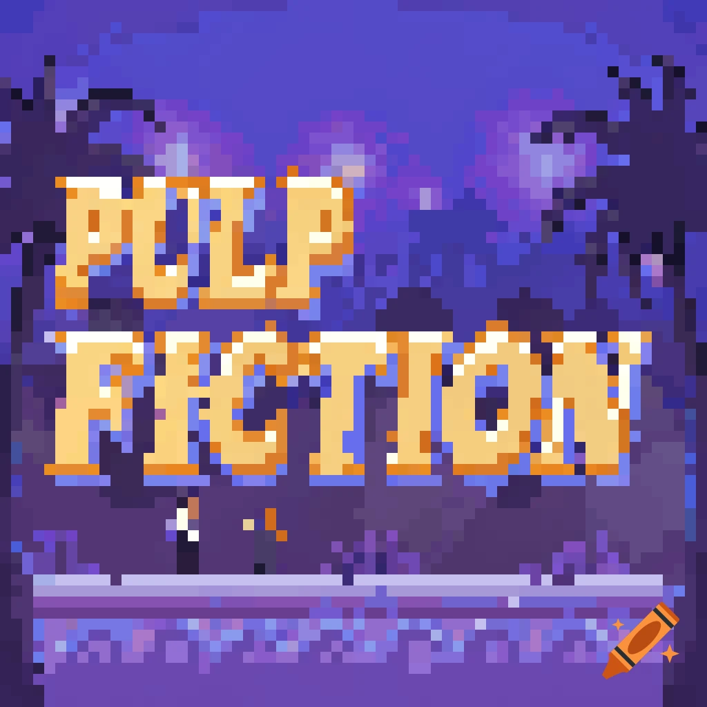 Pixel art graphic with orange text reading "PULP FICTION" on a purple background with palm trees.