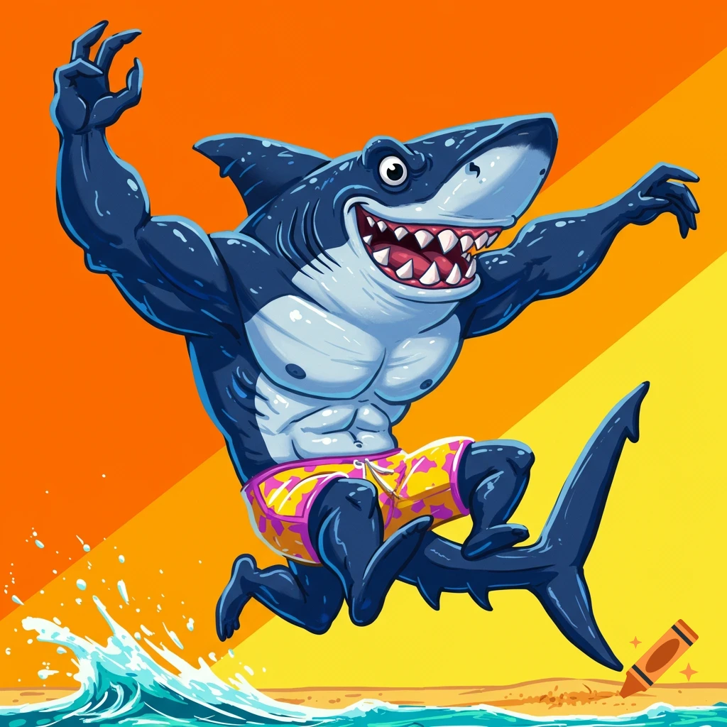 Cartoon shark in swim trunks jumps on a beach.