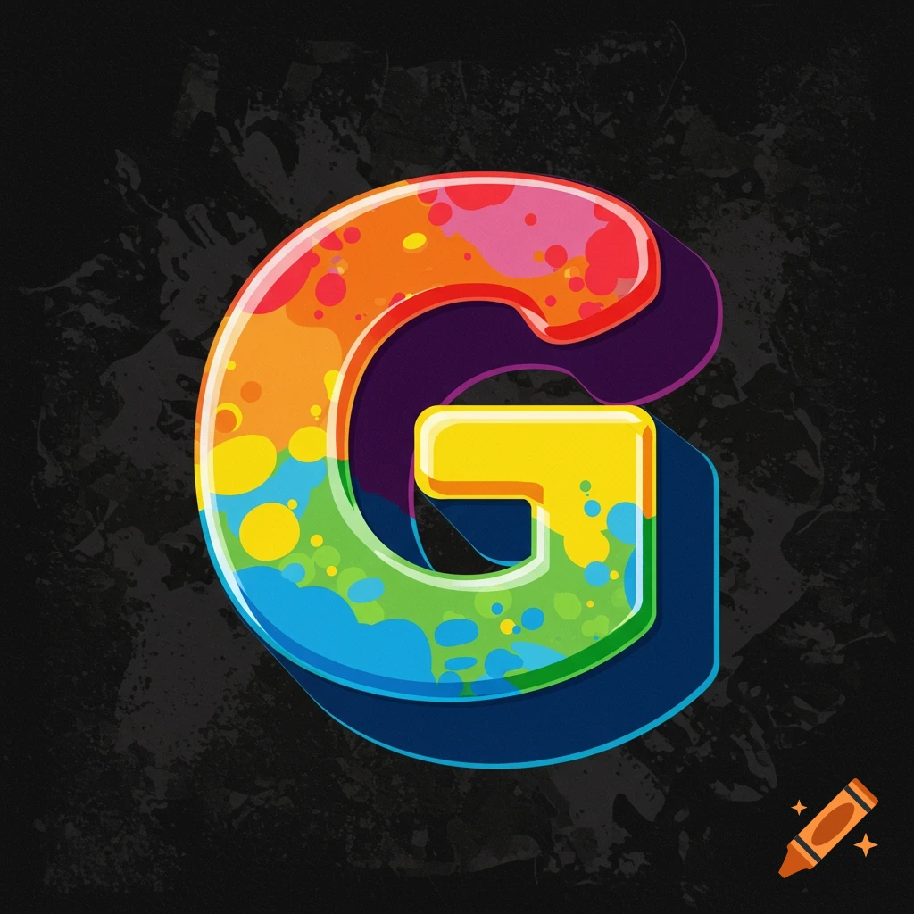 A vibrant illustration of the letter G with colorful splatters on a dark background.