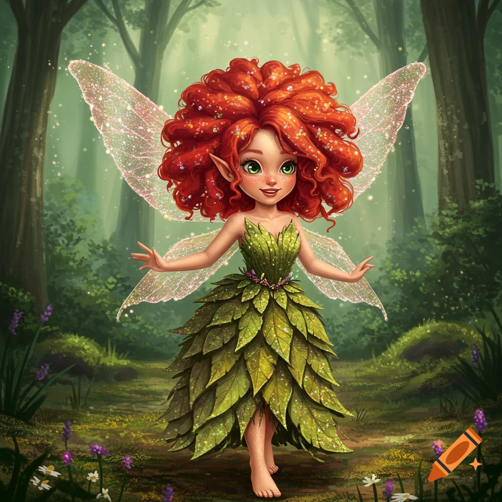 A redheaded fairy in a leafy green dress stands in a magical forest clearing.