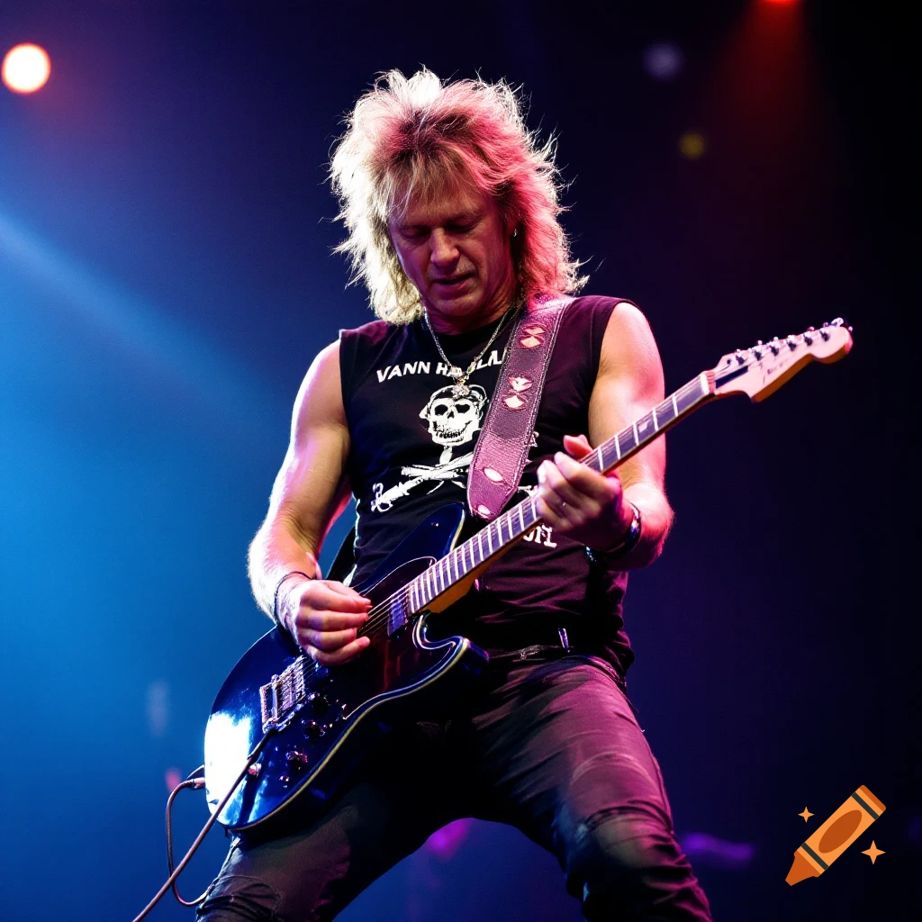 Musician with long blonde hair playing a black guitar on stage under lights