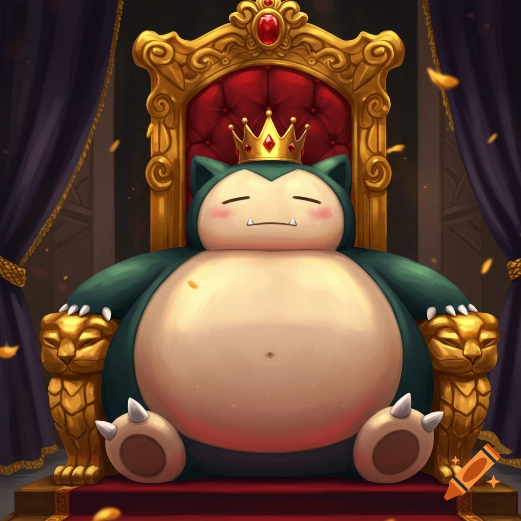 Image of King Snorlax sleeping on a golden throne, wearing a crown.