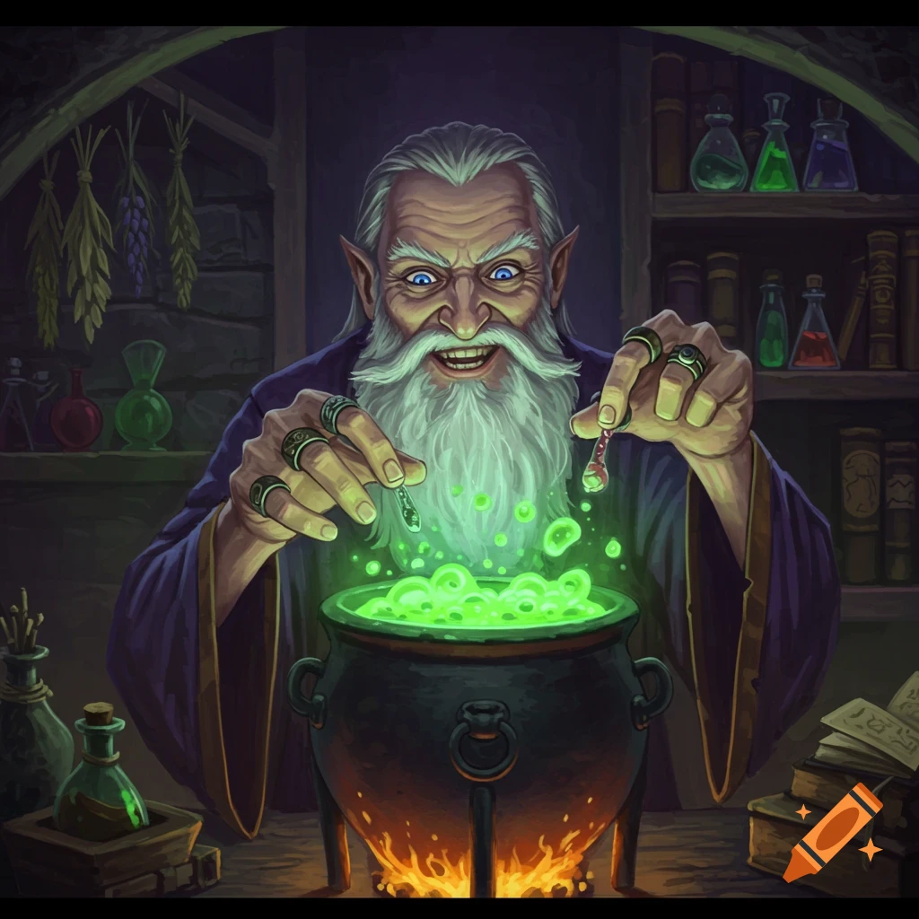 An evil wizard making a bubbling green potion in a cauldron.