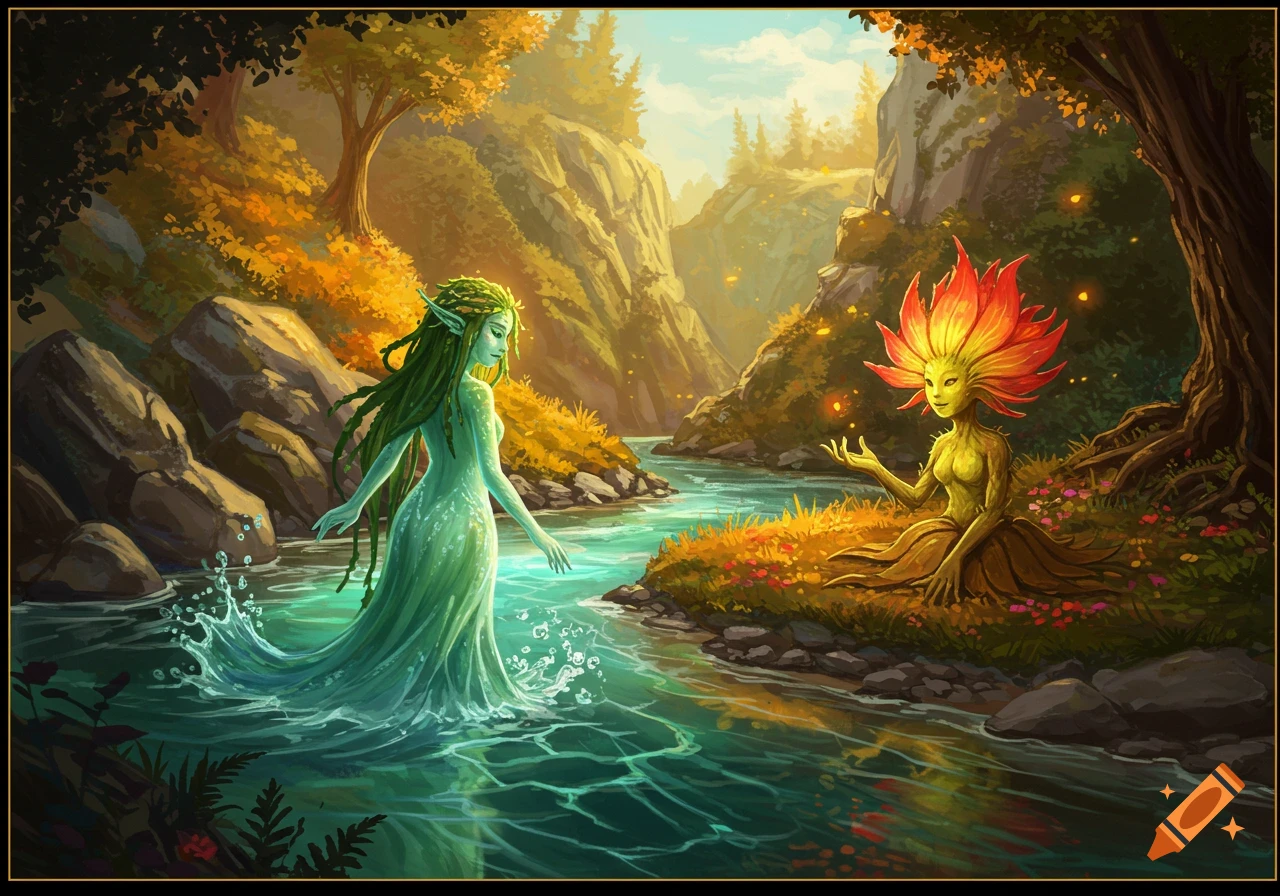 A green water spirit meets a fire spirit by a river in a vibrant fantasy landscape.