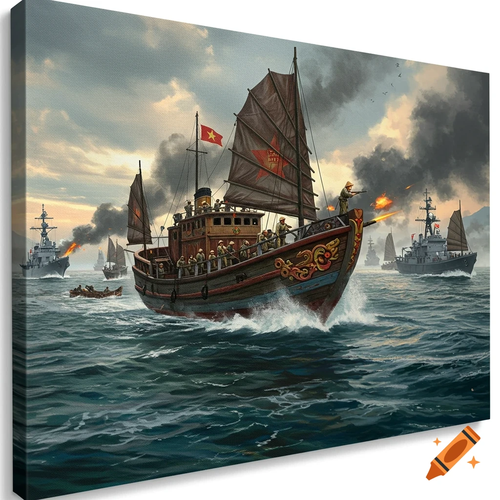 An Asian junk ship engaging modern warships in a stormy sea.
