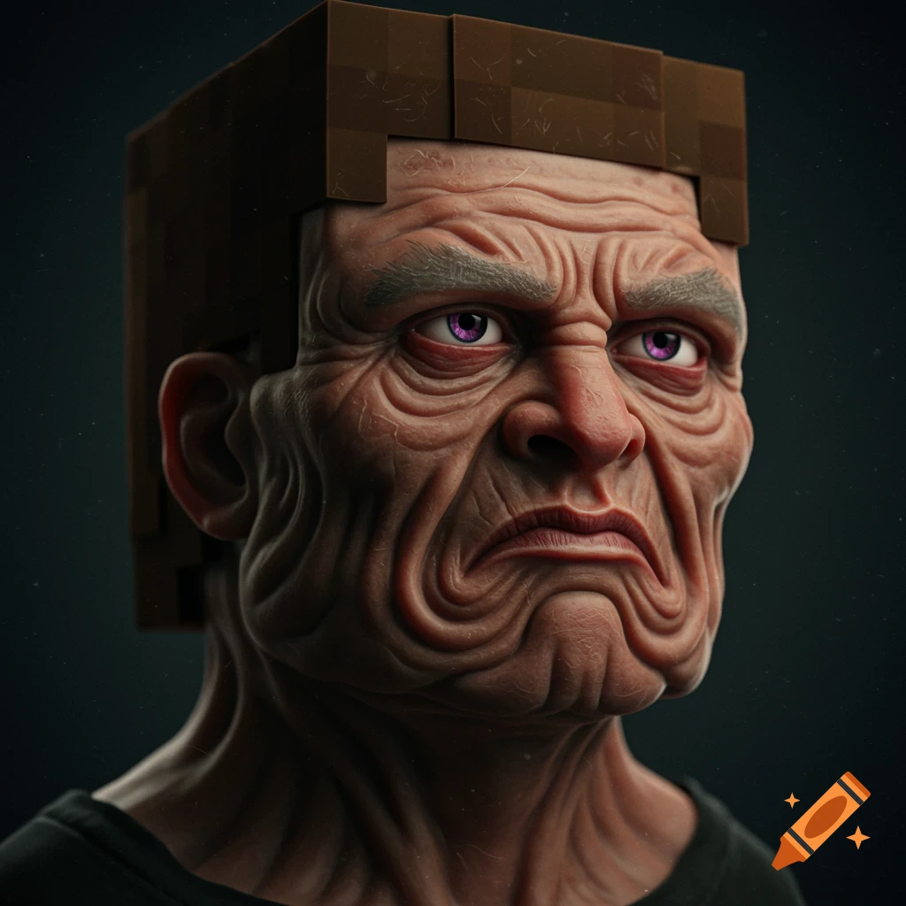 Close-up of a hyperrealistic, aged Minecraft Steve face with exaggerated wrinkles.