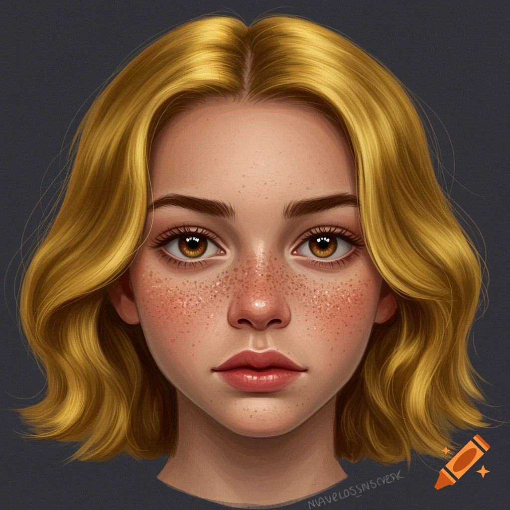 Portrait of a young person with short blonde hair, freckles, and brown eyes.