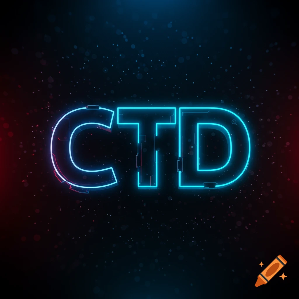 Neon sci-fi letters 'CTD' against a dark, sparkling background with red and blue light.