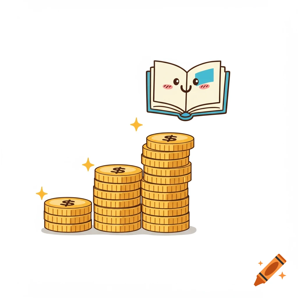 Cartoon illustration of increasing stacks of gold coins next to a cheerful open book.
