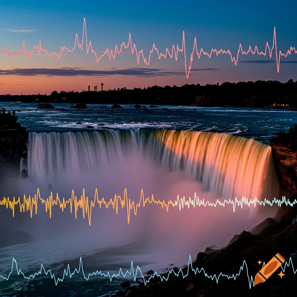 Niagara Falls silhouette at sunset with superimposed colored waveforms.