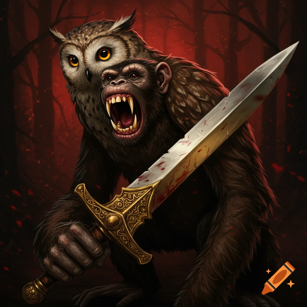 A fantasy illustration of a fierce monkey-like creature with an owl head holding a bloody sword in a dark forest.
