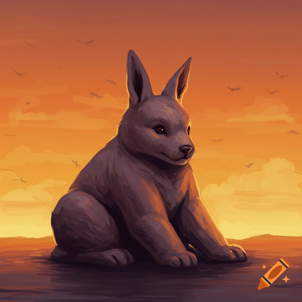 A stylized animal sits in the foreground with a vibrant orange and yellow sunset sky behind it, featuring clouds and birds.