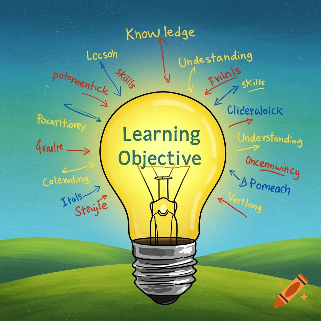 Colorful illustration of a light bulb with 'Learning Objective' and surrounding words/arrows, in a child's drawing style.