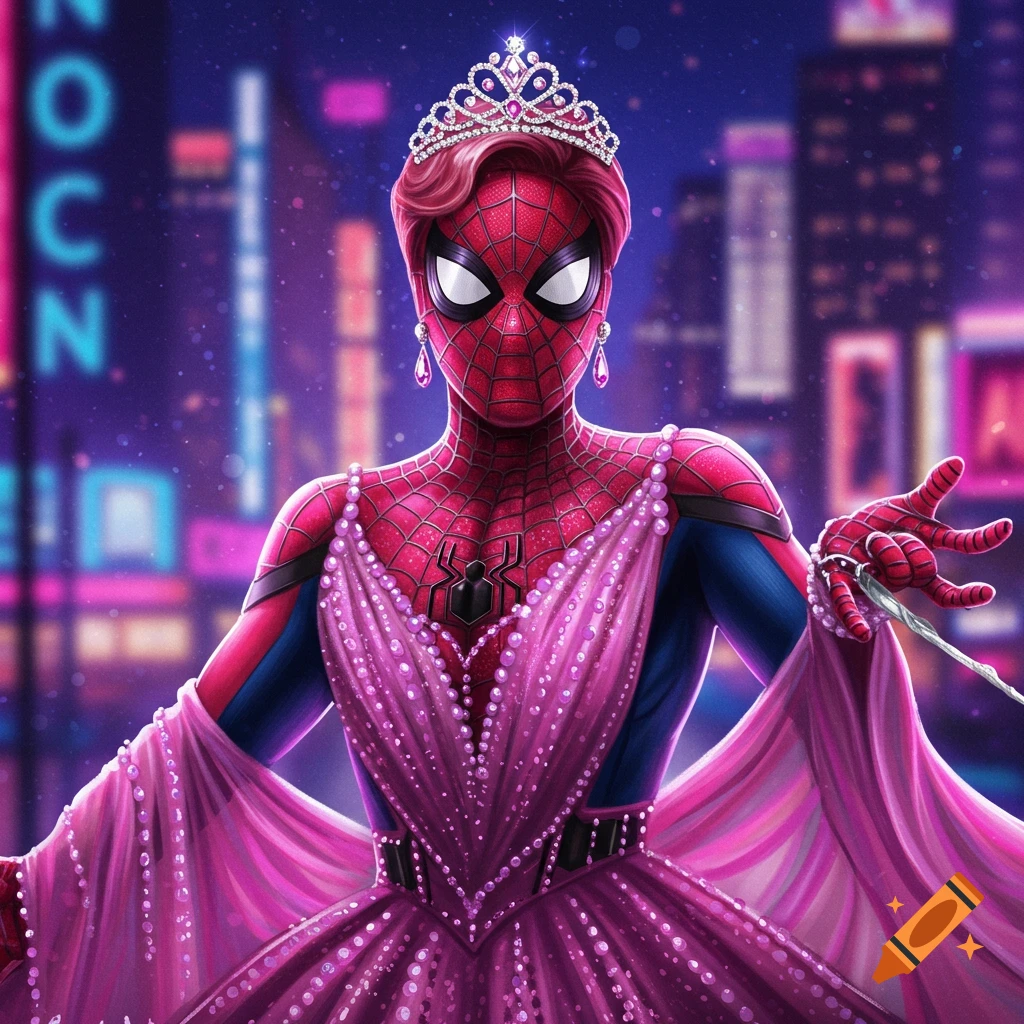 Spiderman wearing a pink sparkly dress, tiara, and earrings in a city street at night.