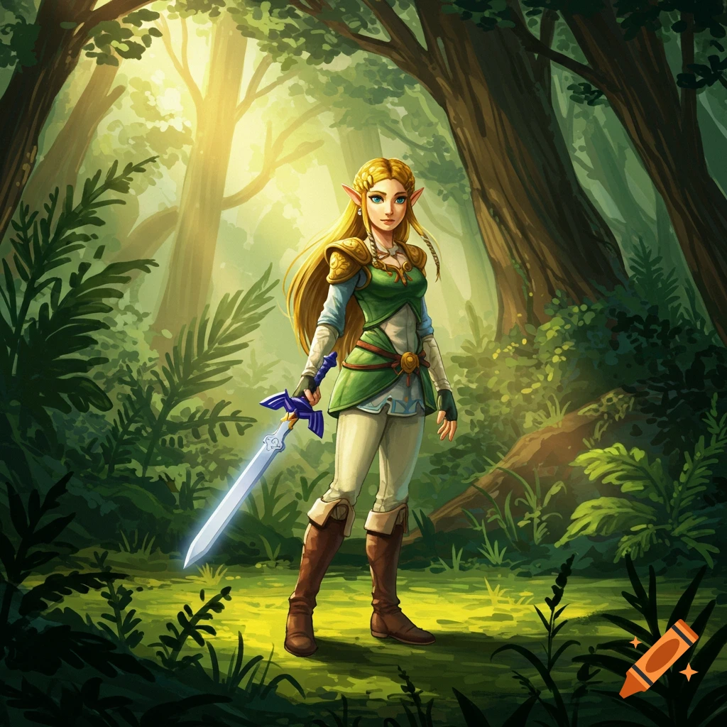Zelda standing in a sunlit forest holding the Master Sword.