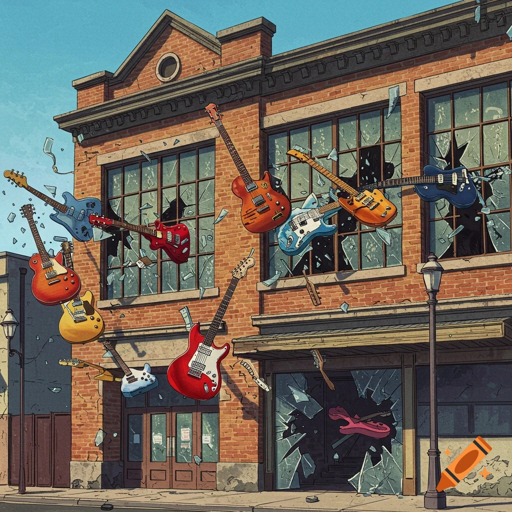 Guitars flying through the broken windows of a brick building