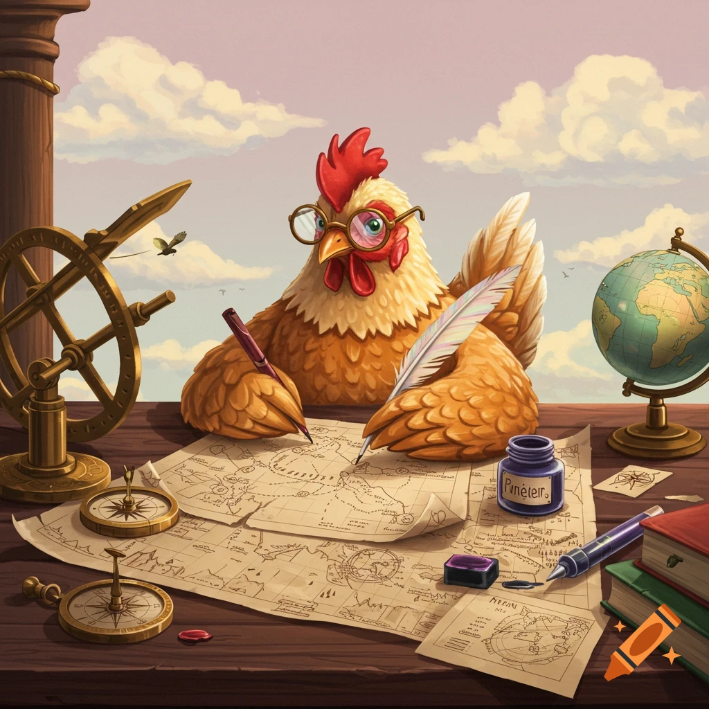 A chicken wearing glasses draws on a map using navigation tools such as a globe and compasses.