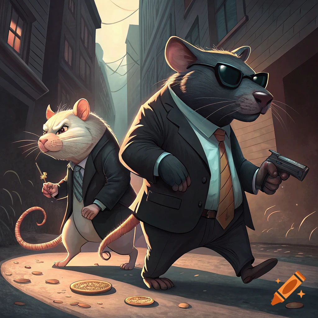 Two cartoon rats in suits walk down a street. One wears sunglasses and holds a gun.