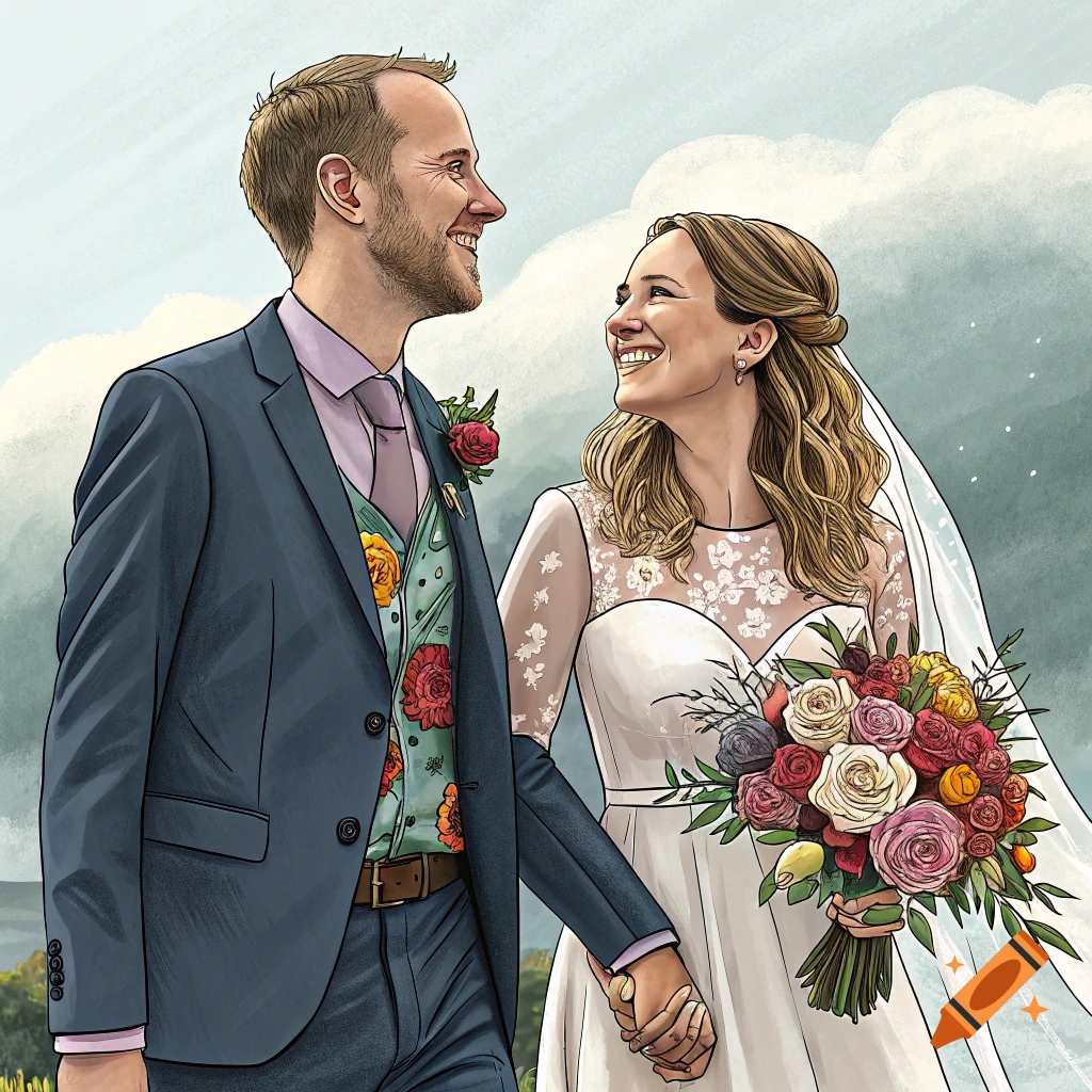 A smiling married couple holding hands, in a stylized illustration.