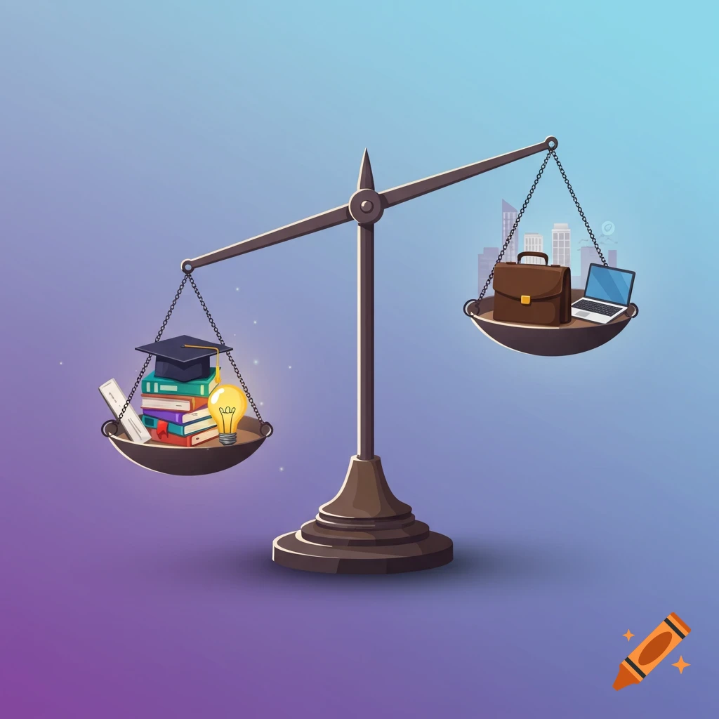 Digital illustration of a balance scale weighing school items (books, cap, lightbulb) against work items (briefcase, laptop, cityscape).