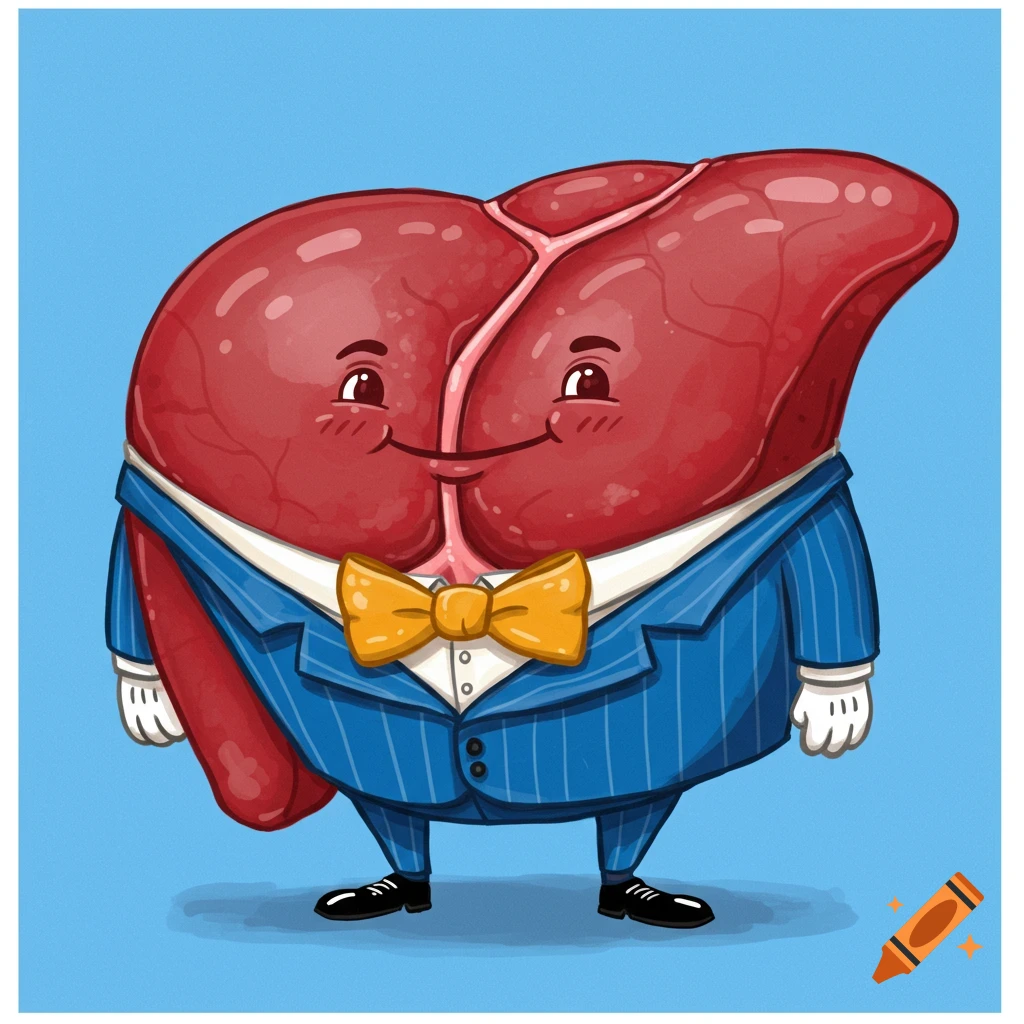 A cartoon illustration of a liver wearing a blue pinstripe suit and yellow bow tie.