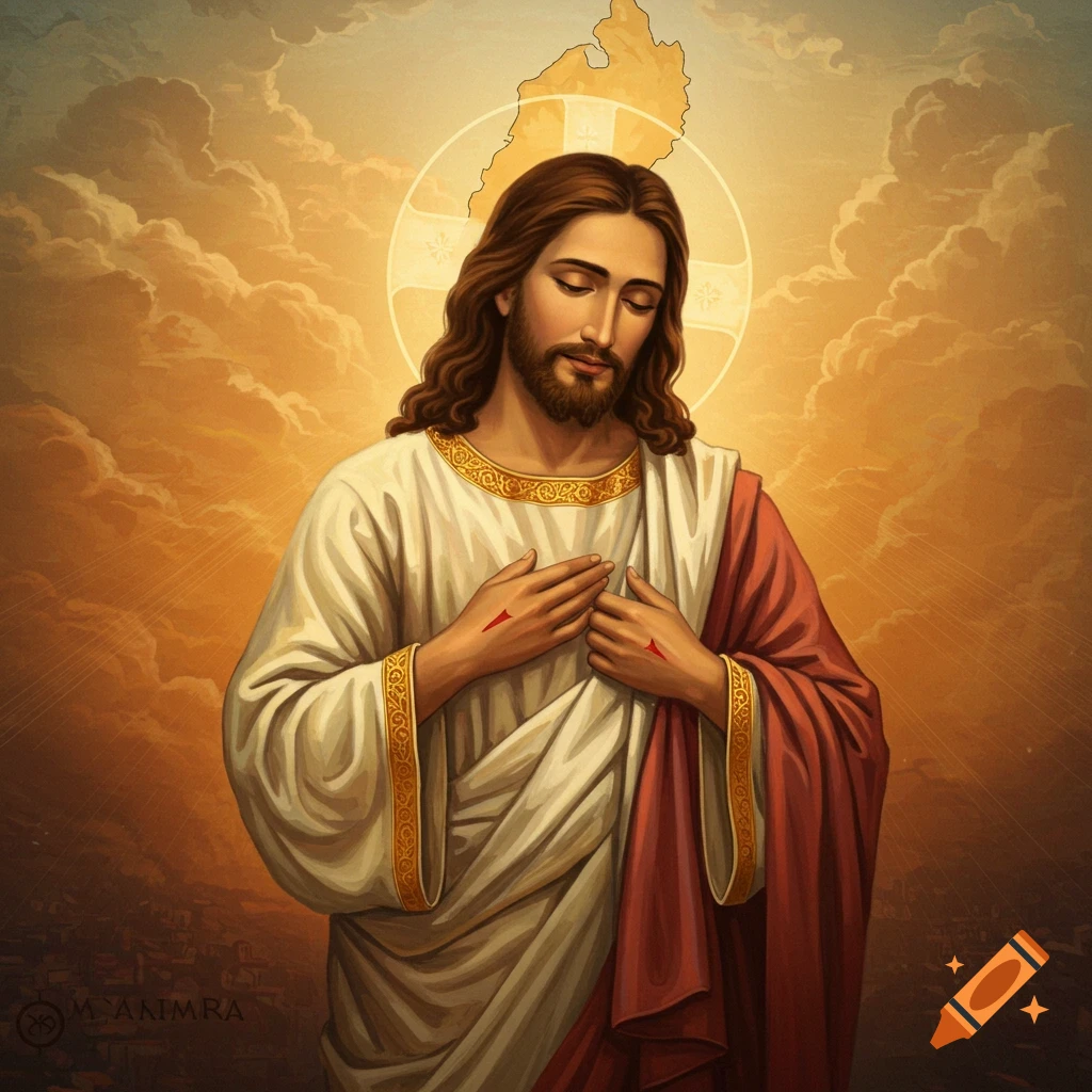 Painting of Jesus with a halo shaped like the Myanmar map, surrounded by clouds and golden light.
