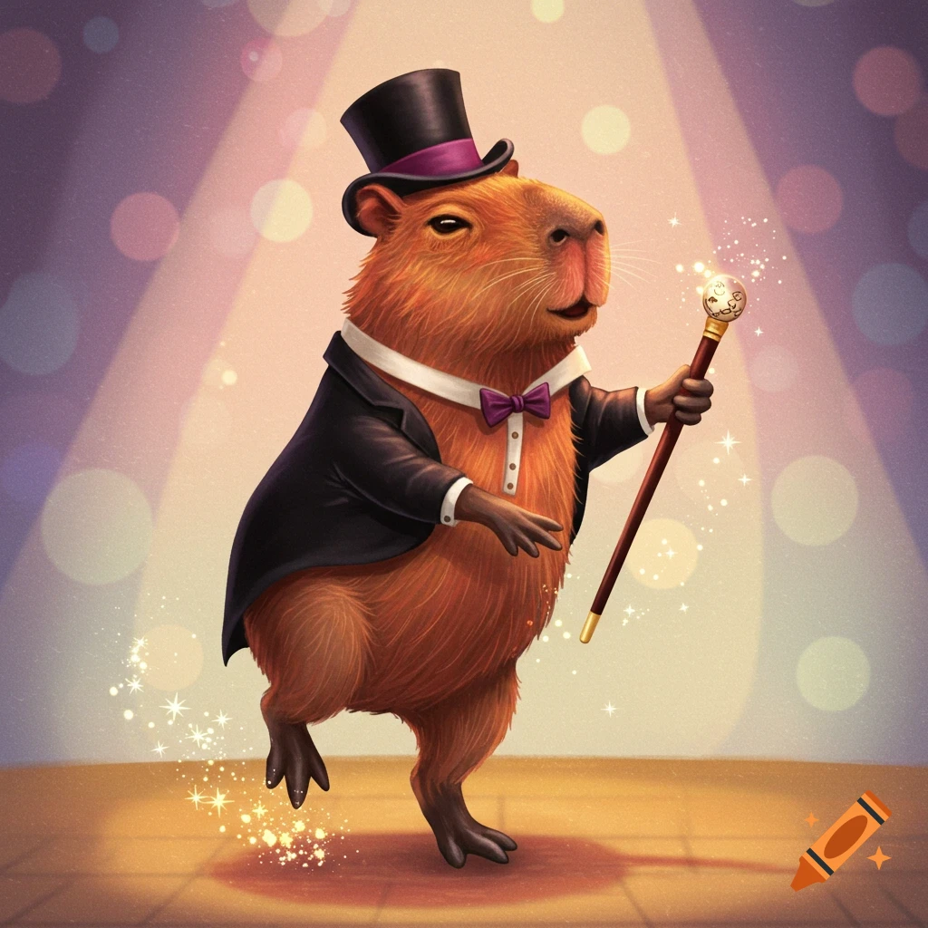 A capybara in a top hat and suit tap dancing on a stage with a cane.