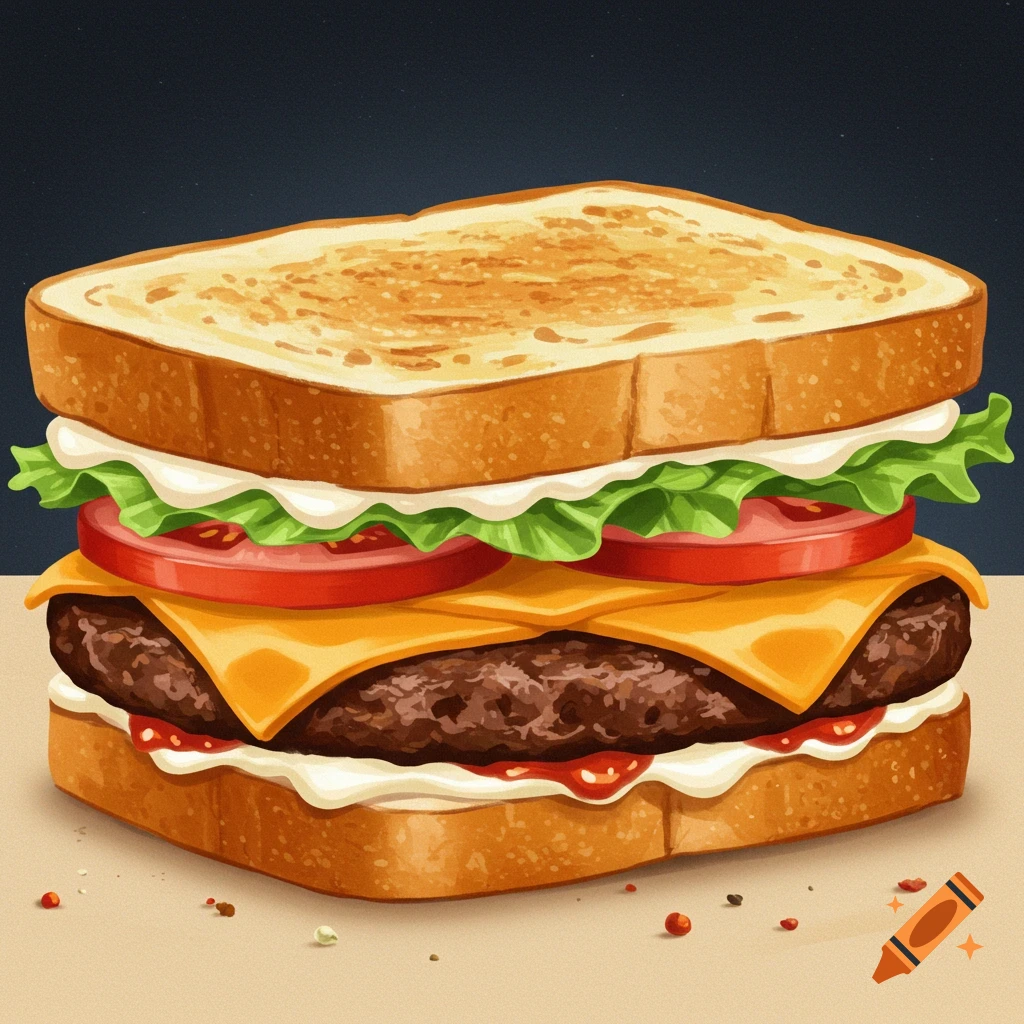 A layered sandwich with toast, burger patty, cheese, lettuce, and tomato.