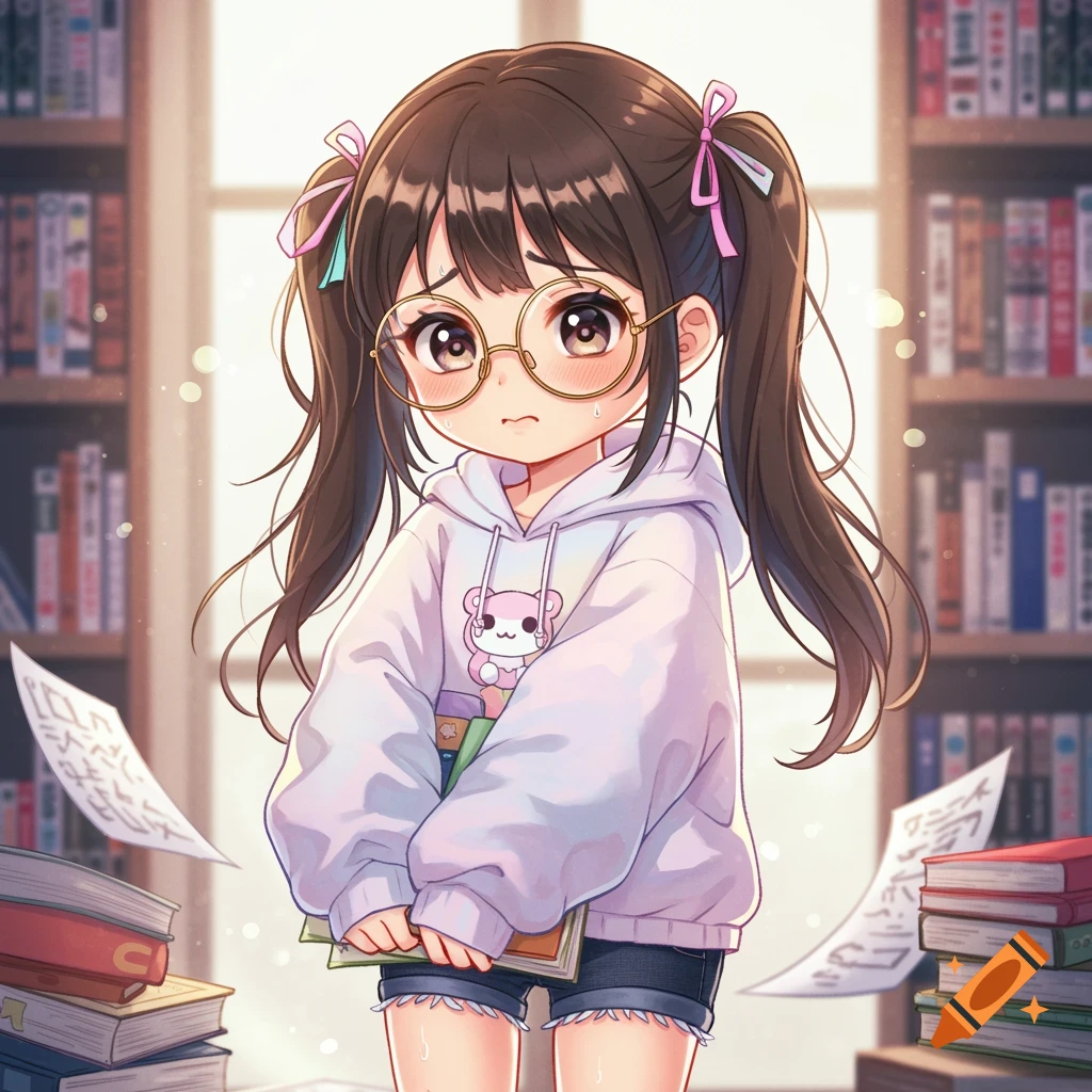 Anime girl with pigtails and glasses holding books in a library, looking stressed.