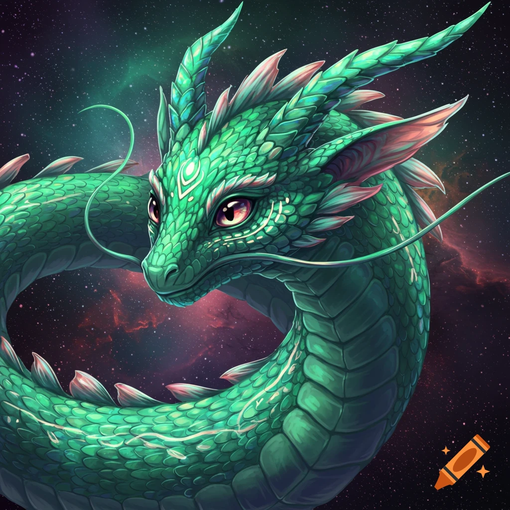 A green dragon with red eyes against a starry galaxy background.