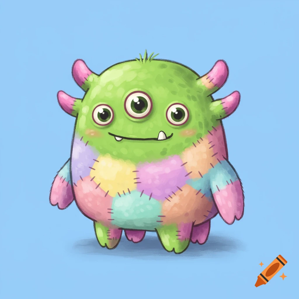 A cute green monster with three eyes and colorful patchwork body stands against a blue background, in a digital illustration style.