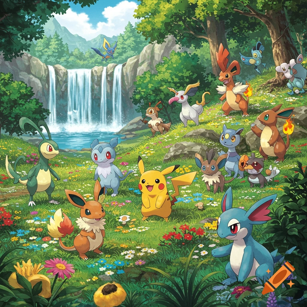 Illustration of various Pokemon including Pikachu and Eevee in a colorful meadow with a waterfall and trees.