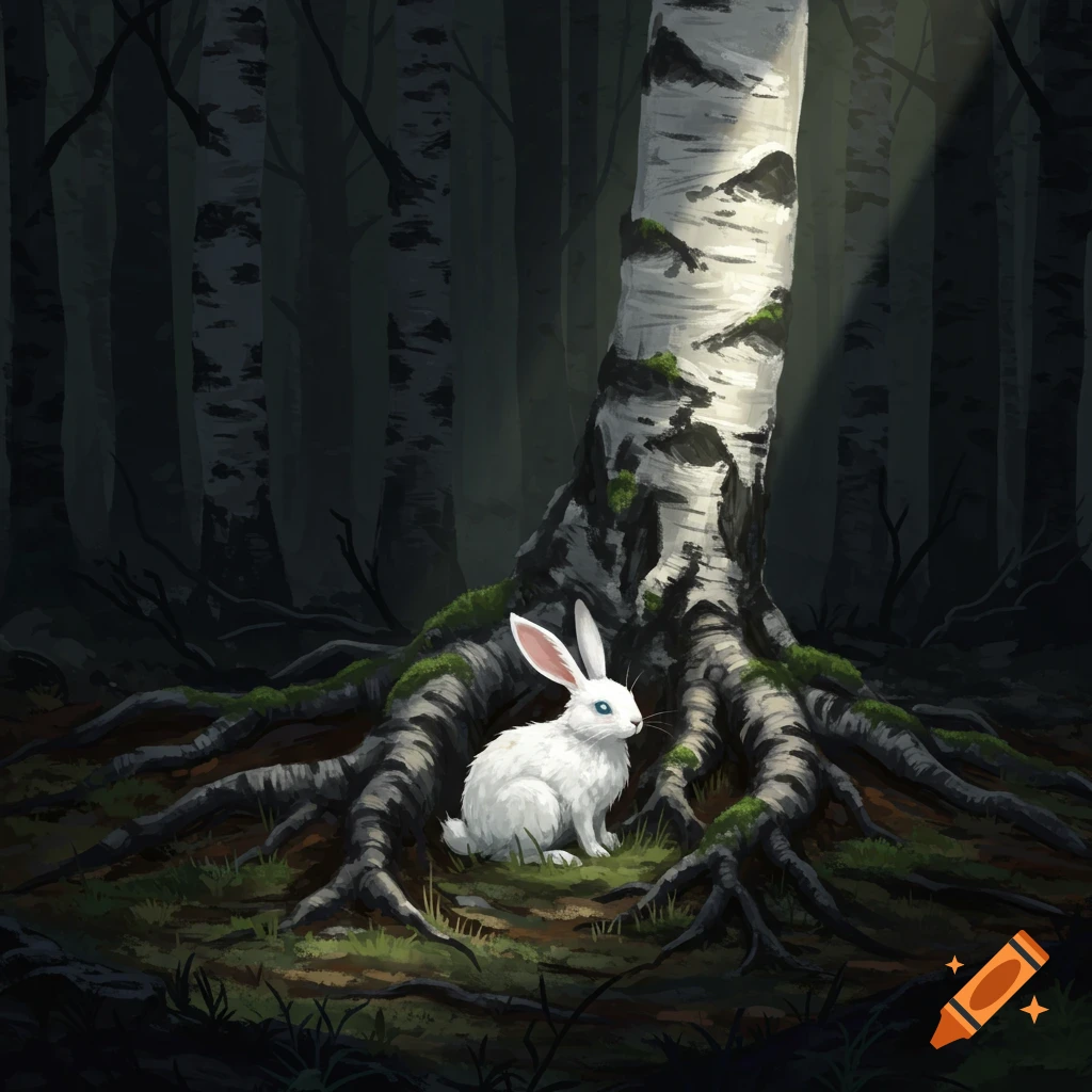 A white rabbit sits by a birch tree in a dark forest.