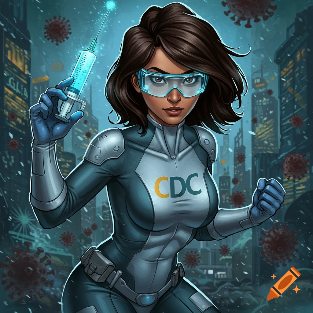 Female CDC superhero holds a syringe in a city with viruses.