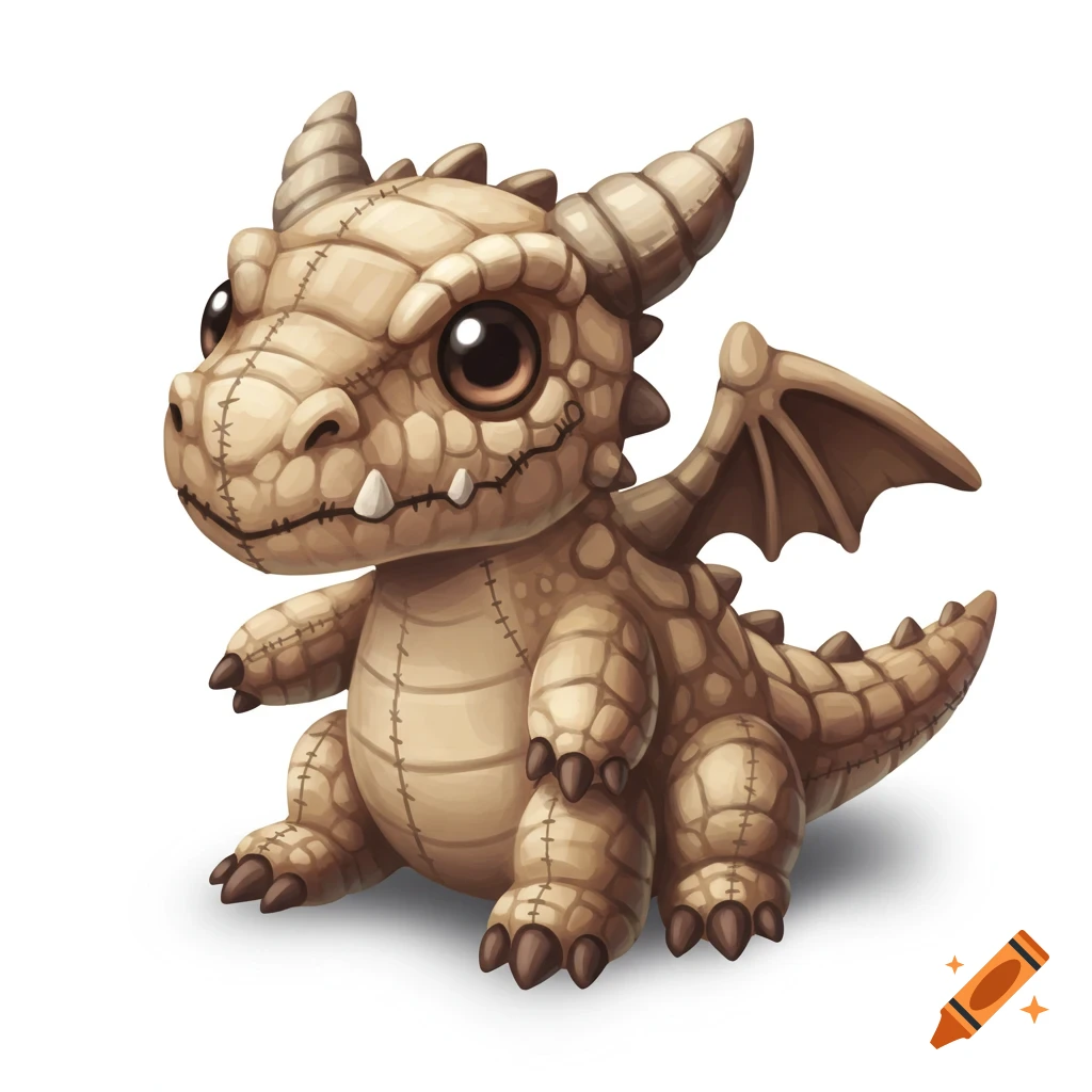 A cute brown stitched plush dragon sitting down, digital art.