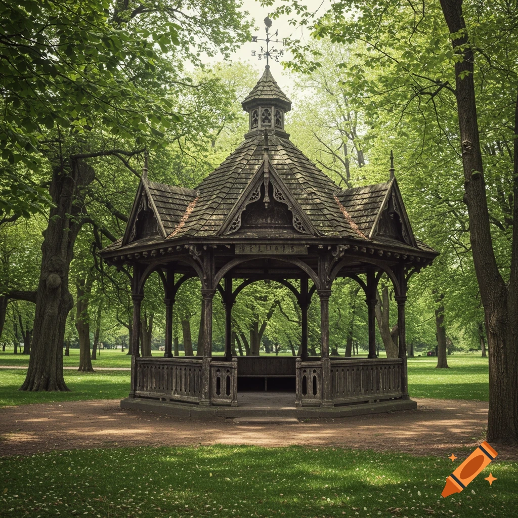 Victorian-style wooden gazebo in a sunny green park