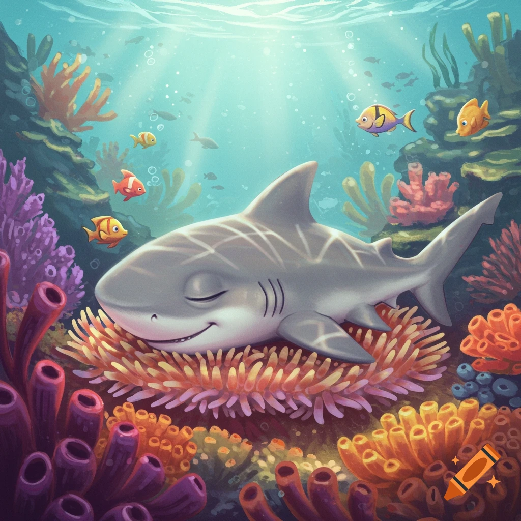 A cute cartoon baby shark sleeping on a coral reef underwater.